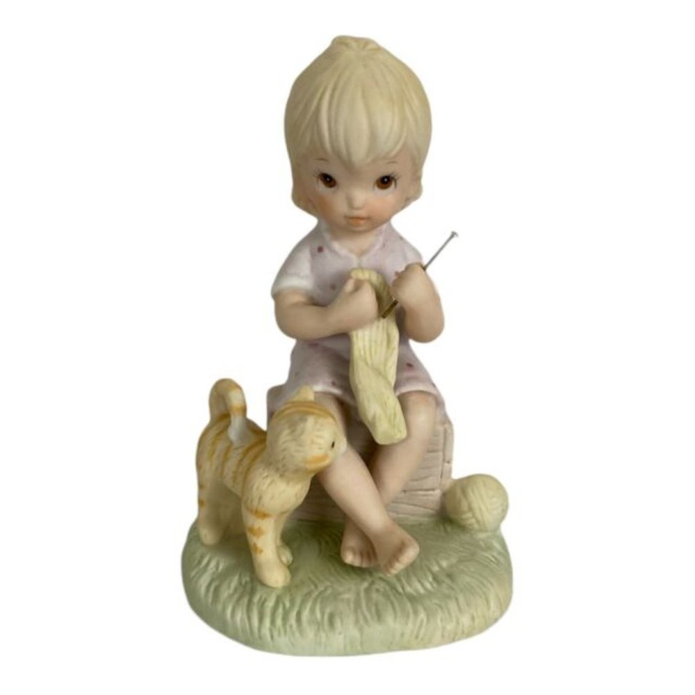 Lefton The Kindness You Show Figurine Girl Knitting with Tabby Cat Pink Dress